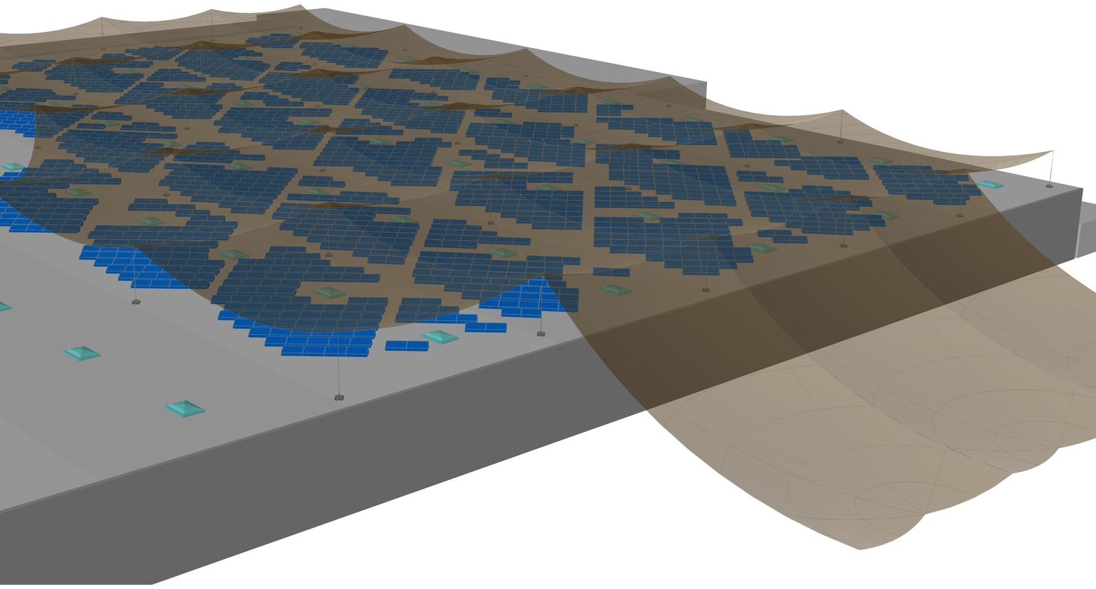 3D-Modell einer großen Photovoltaikanlage auf einem Flachdach mit Fangstangen und den daraus resultierenden Schutzbereichen nach dem Blitzkugelverfahren