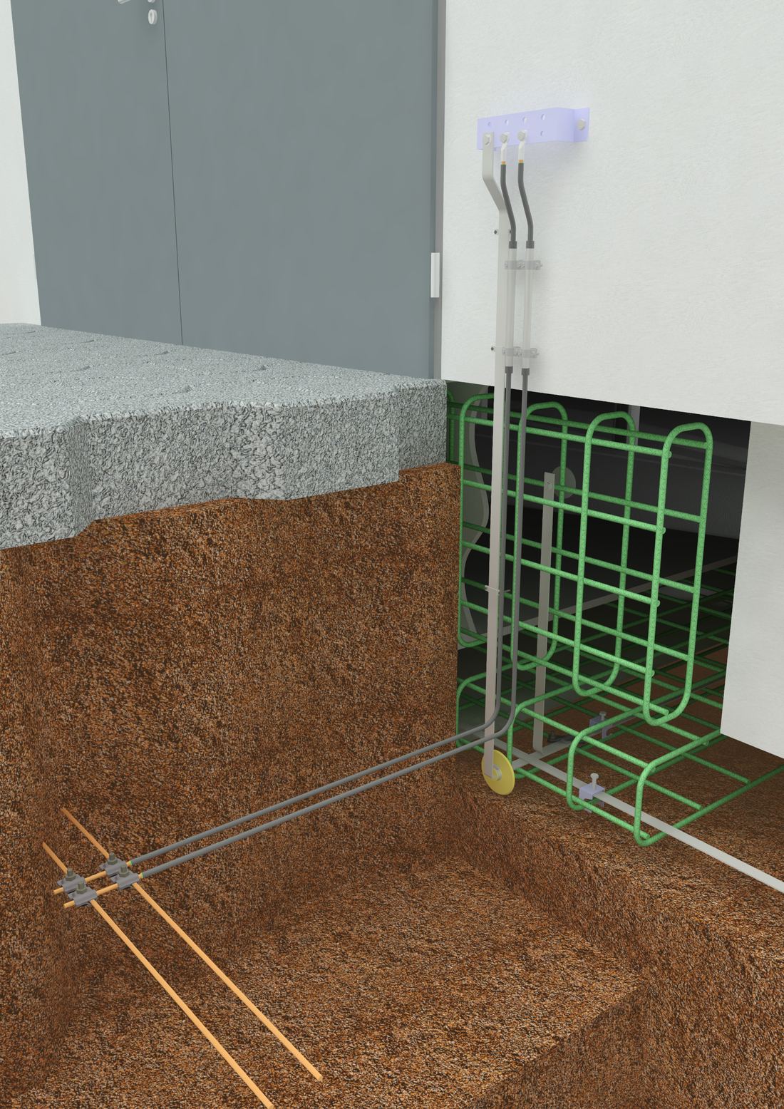 Zwei Ringerder aus Kupferseil zur Stromaufteilung und Funktionspotentialausgleichsleiter aus verzinktem Flachband im Fundament; Anschluss zwischen Potentialausgleichsschiene und Erdungsfestpunkt in V4A